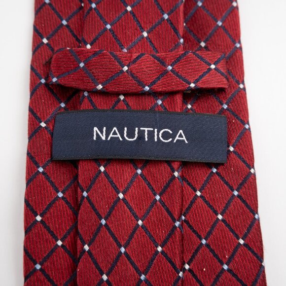 NAUTICA 100% silk neck tie burgundy maroon navy diamond pattern - Picture 2 of 6